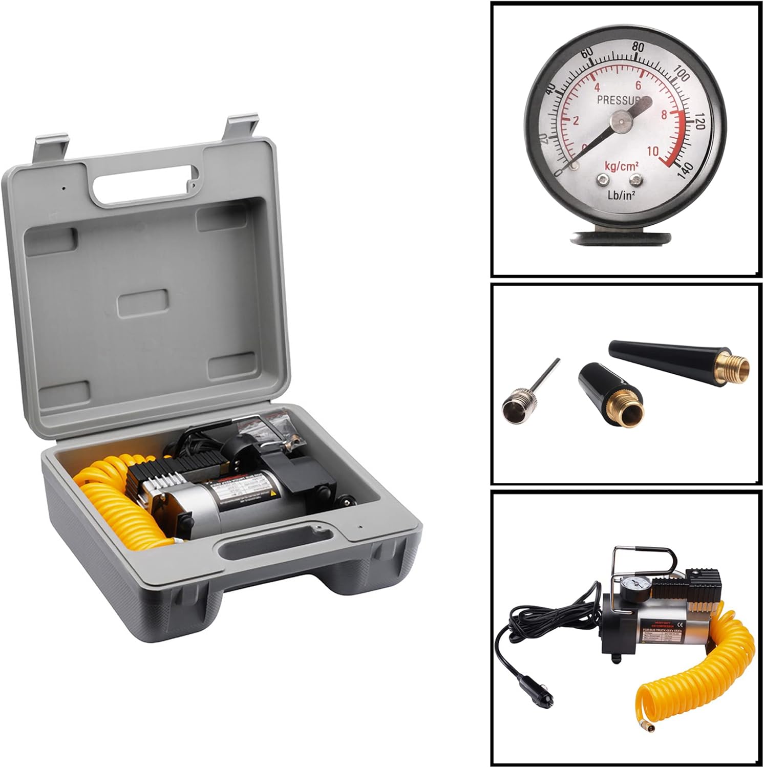 Portable Electric Air Pump – 12V Cigarette Lighter Plug, Pressure Gauge, 3ft Hose and 3 Adapters for Bike Tires, Inflatables, and Balls by Sport Go