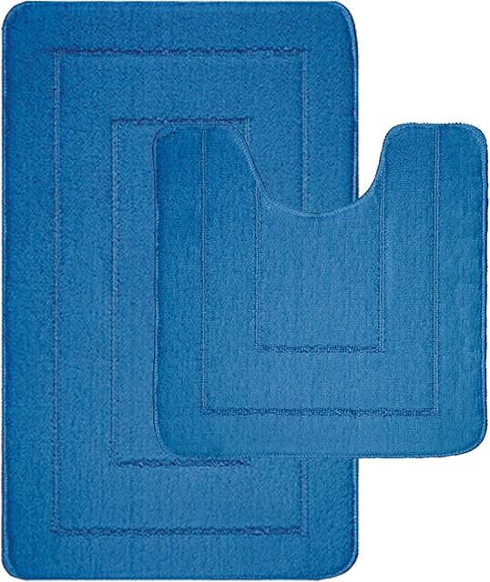 LifeStyle Comfort Ltd Non Slip Bath Mat 2 Piece Ichra Extra Soft Water Absorbent Bathroom Mats 100% Polypropylene Washable Pedestal Bath Rug Shower Bath Mat Bathroom Rug for Toilet (Blue)