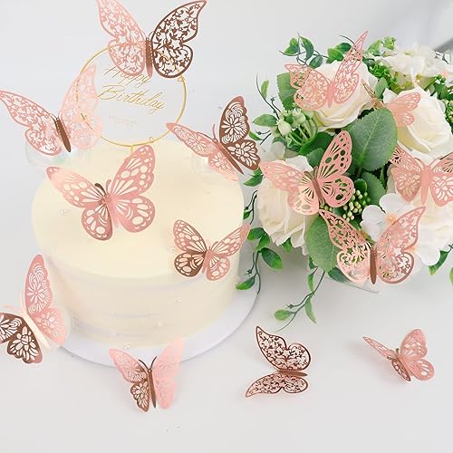 Miniatura 2 de 36 piezas de decoración de pared de mariposa, 3 estilos, 3 tamaños, mariposa de oro rosa 3D, decoración de boda y fiesta de cumpleaños, decoración