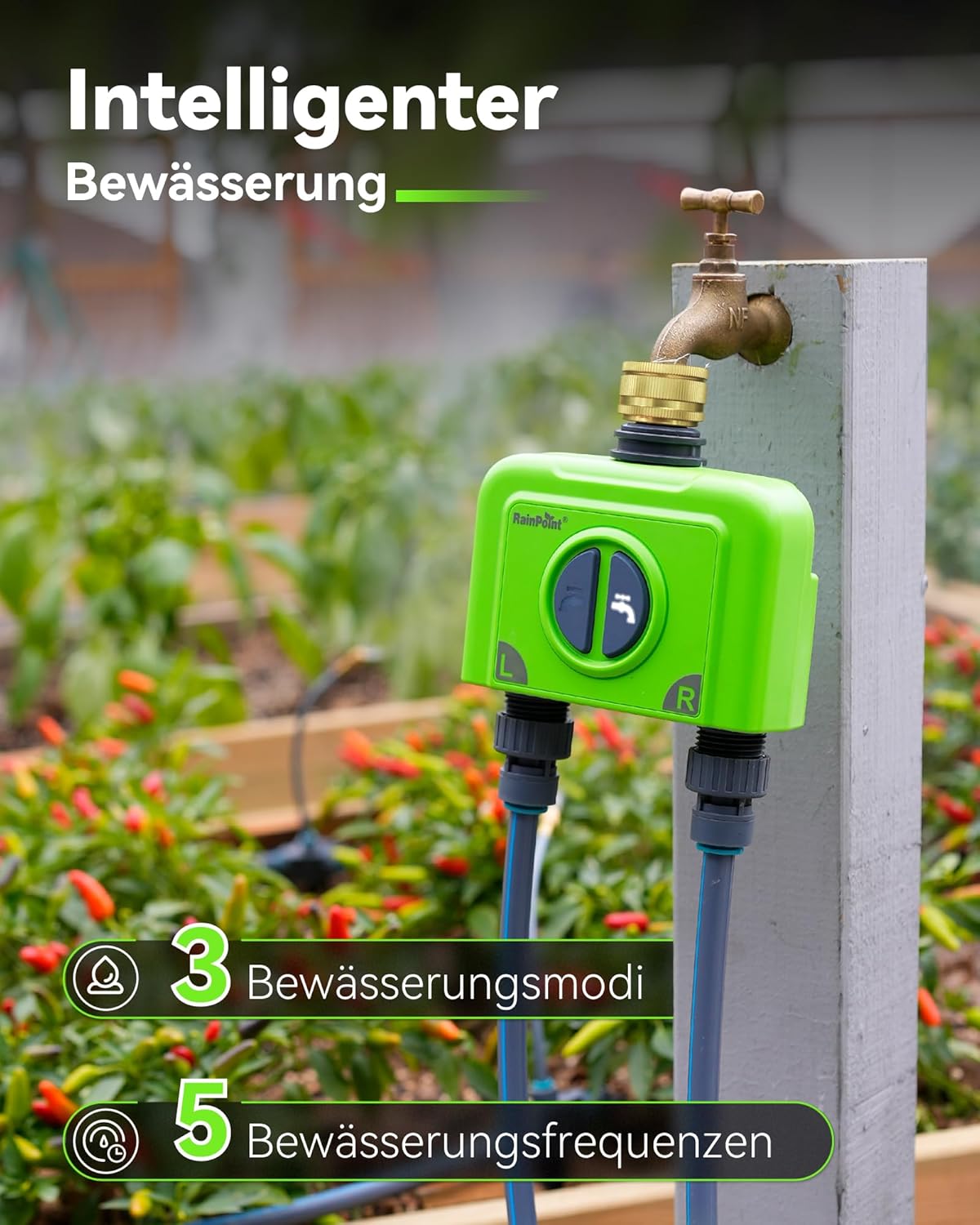 ภาพแสดงคุณสมบัติการชลประทานอัจฉริยะที่มีโหมดการรดน้ำ 3 โหมดและความถี่ในการรดน้ำ 5 ระดับ