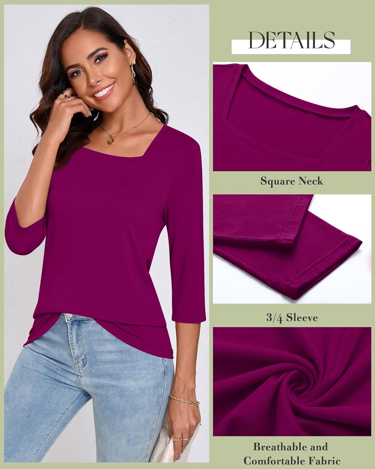 Ficerd 3 Pack 3/4 Sleeve Tops for Women Square Neck Shirts Loose Fit Casual Ladies Blouses Tops Fall Basic Tees - Image 5