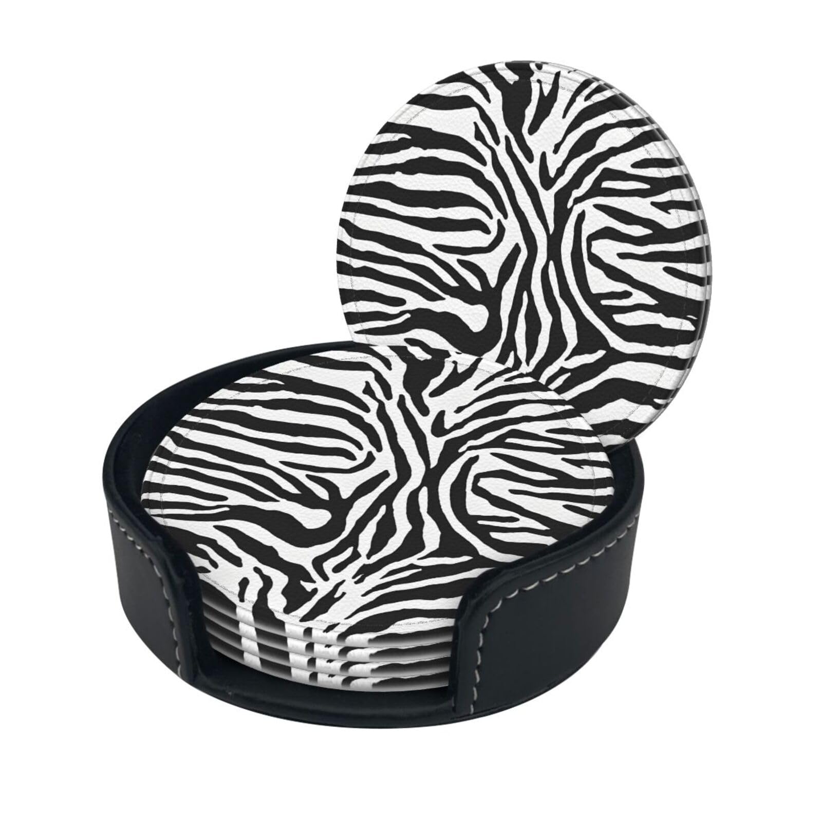 Zebra Prints Print Coaster,Round Leather Coasters with Storage Box for Wine Mugs,Cold Drinks and Cups Tabletop Protection (6 Piece)