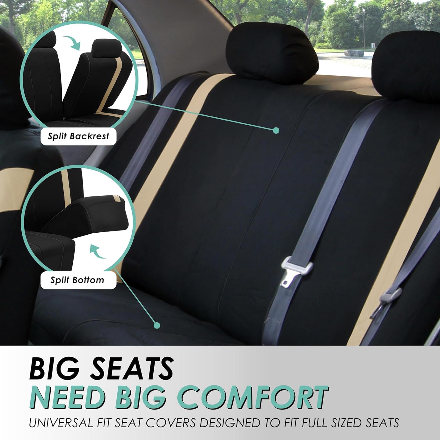 FH Group Car Seat Covers Cosmopolitan Flat Cloth Full Set Seat Covers, Car Accessories Beige Combo Steering Wheel Cover and Seat Belt Pads Airbag and Split Rear Universal Fit for Cars Vans Truck