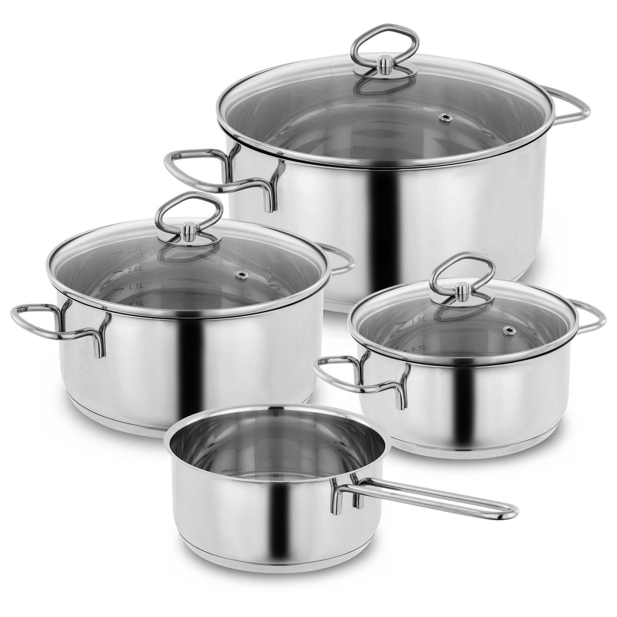 Kopf Topfset Merkur aus Edelstahl - Induktionstöpfe mit Schüttrand, Literskala und Glasdeckel – 4-teilig