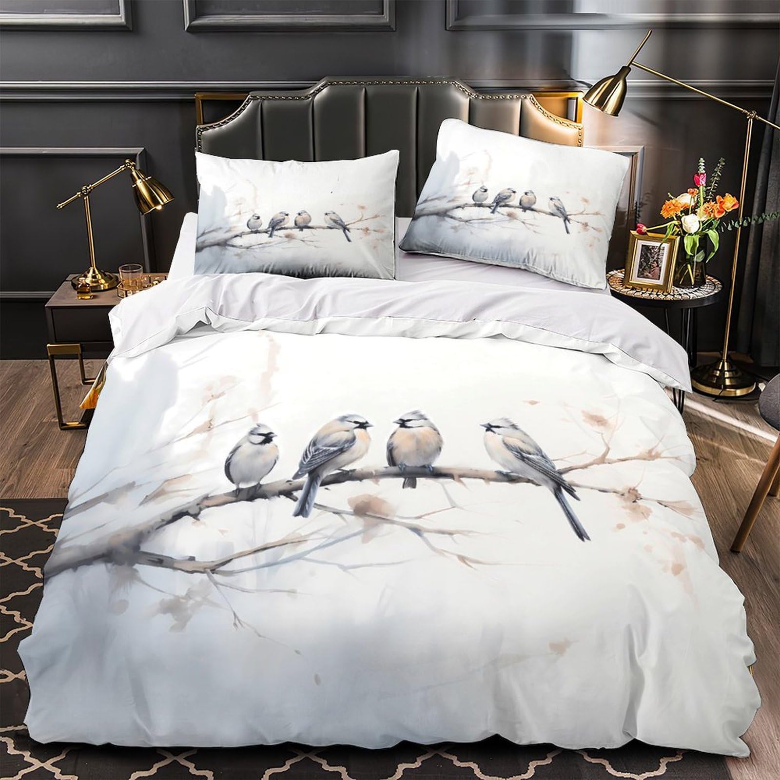 Drap de couette microfibre oiseaux imprimé 3D avec 2 taies pour lit enfant single