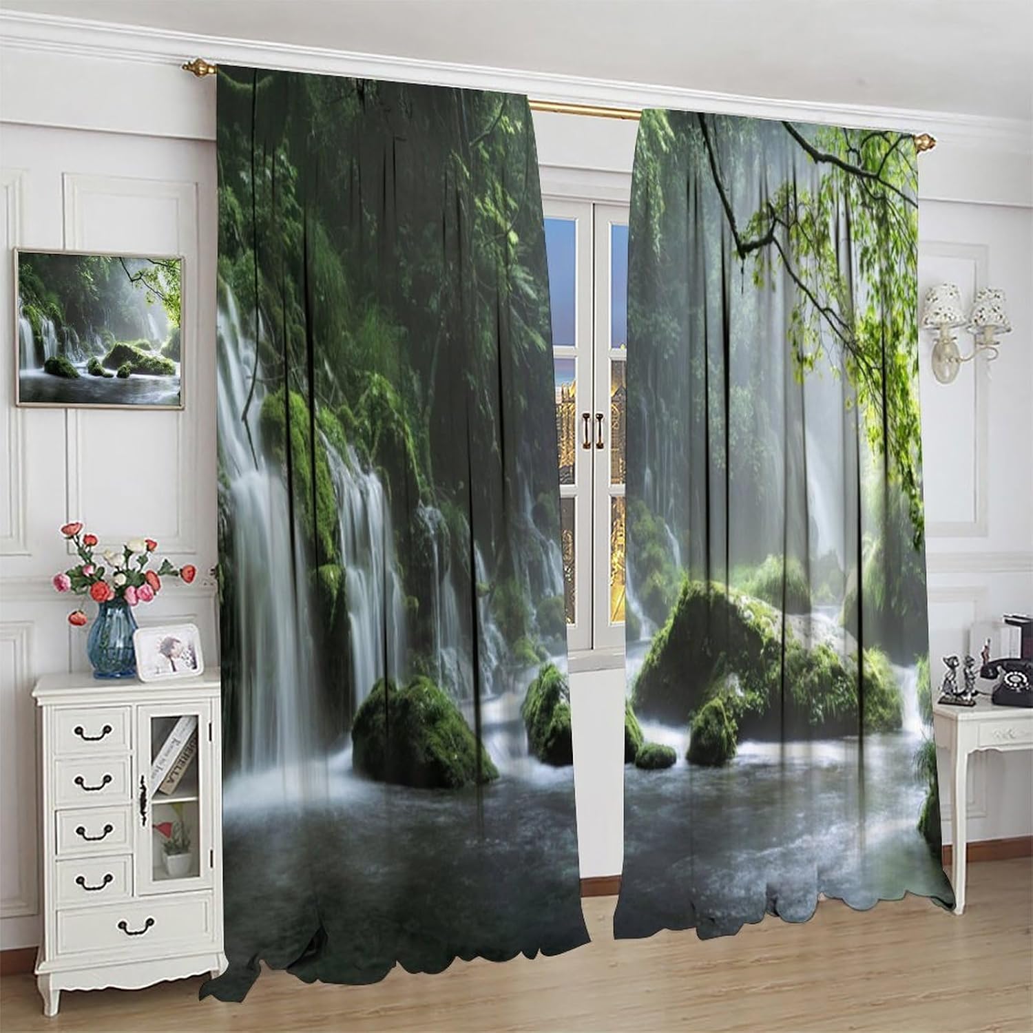 Forest Waterfall Blackout Curtains Pools Vines Moss Rocks Tropical Natural Landscape Color Illustrations Rod Pocket Window Treatments for Bedroom Kitchen Living Dining Apartment Dorms Cafe 42"W X 45"L