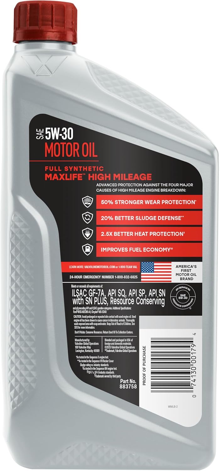 Valvoline Full Synthetic High Mileage with MaxLife Technology SAE 5W-30 Motor Oil 1 QT, Case of 6 - Image 3