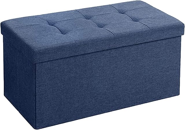 BRIAN & DANY Folding Linen Storage Boxes Footstool Ottoman, Foot Rest Stool, Foldable Seat Bench Footrest - Navy Blue, 76 x 38 x 38 cm