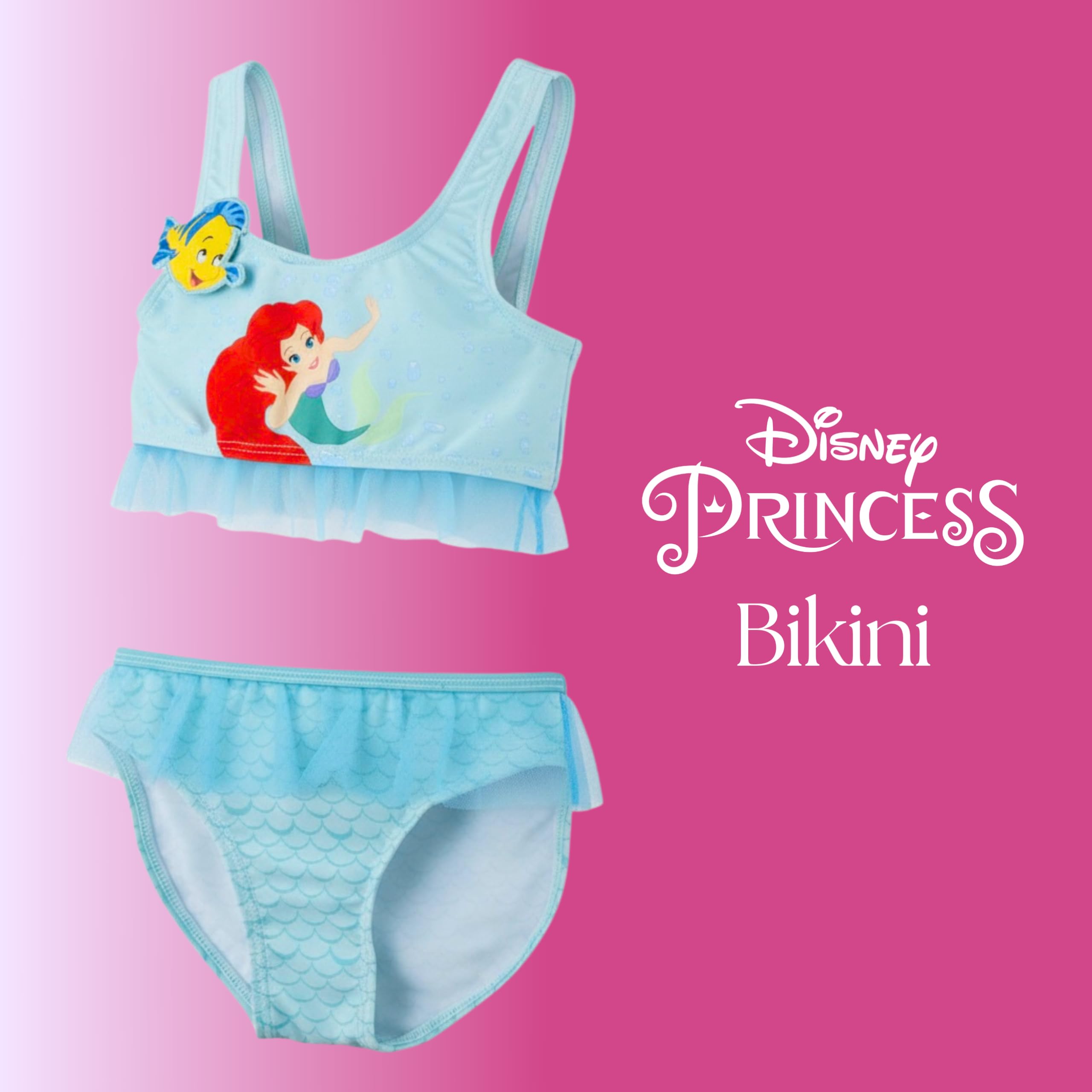 Disney Princesas Bikini para Niña, Diseño Ariel Flounder Purpurina Bañador de Dos Piezas Verano Infantil, Tallas 3 a 8 Años
