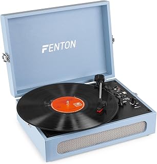 Fenton RP118E Briefcase Record Player with Bluetooth Output - Portable Vinyl Turntable with Record Player Bluetooth Transmitter, Built-in Stereo Speakers, and Stylish Briefcase Design - Blue