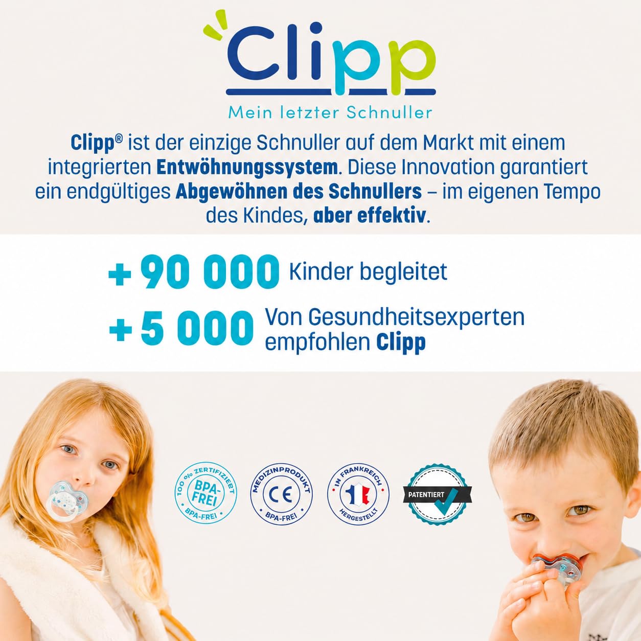 CLIPP Set – Entwöhnungsschnuller Sterne + 5 Entwöhnungsschilde zur schrittweisen Abgewöhnung + Gebrauchsanweisung – Spielerisch, einfach & sanft – Patentiert – Entworfen in Frankreich – Ab 2