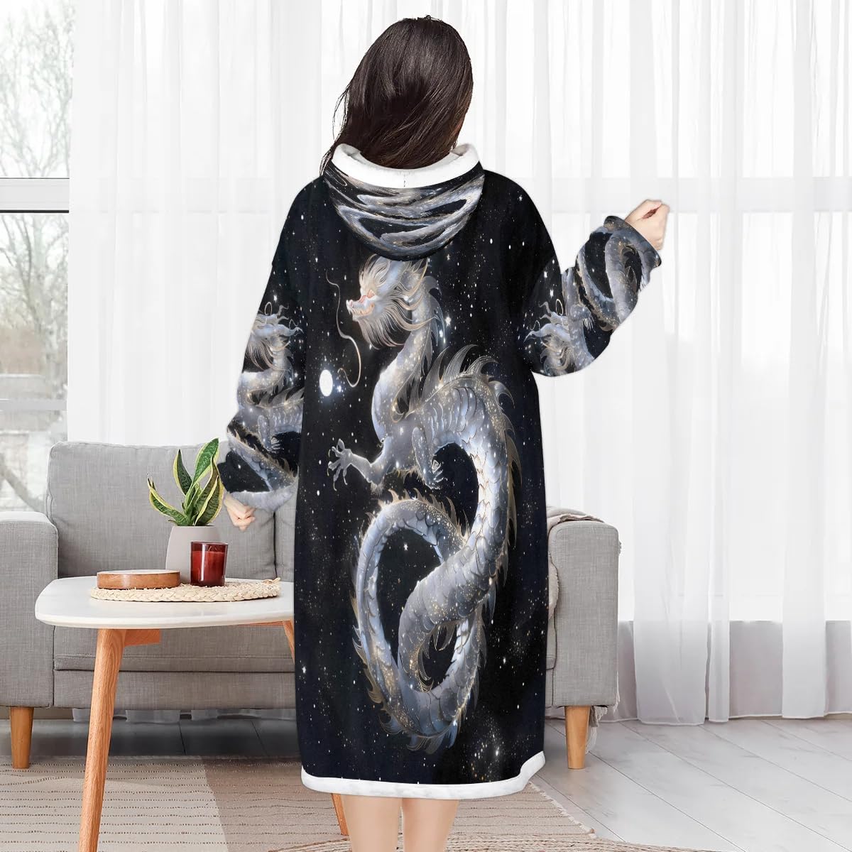 Galaxy Dragon Wearable Blanket Hoodie for Women Men Adults, Chinese Dragon Moon Oversized Sweatshirt Blanket Warm Cozy Sherpa Hooded Blanket with Pocket