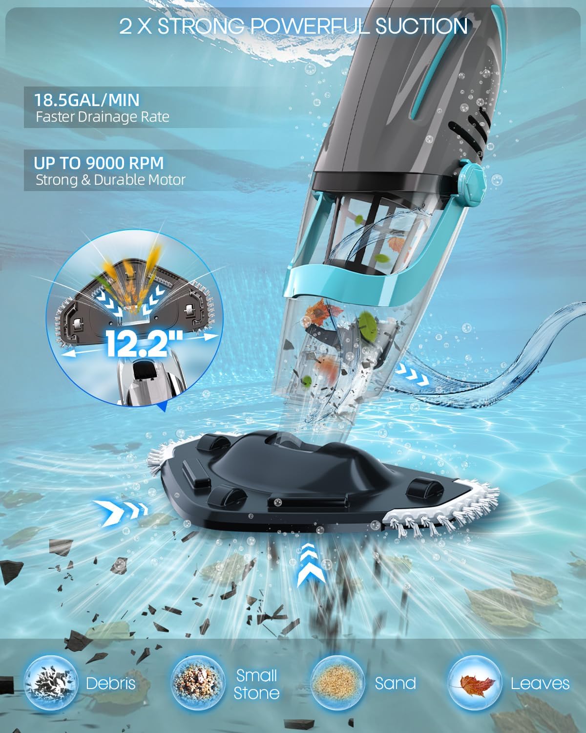 Cordless Handheld Pool Vacuum, Pool Vacuum for Above Ground Pool with Telescopic Pole and Leaf-Scooping Net, Rechargeable Pool Cleaner 18.5 Gal/Min Suction, 80 Min Runtime, Dual-Filter Cleaning System
