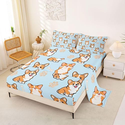 jejeloiu Corgi Kawaii Dog Bed Sheets Set King Size 4Pcs Soft