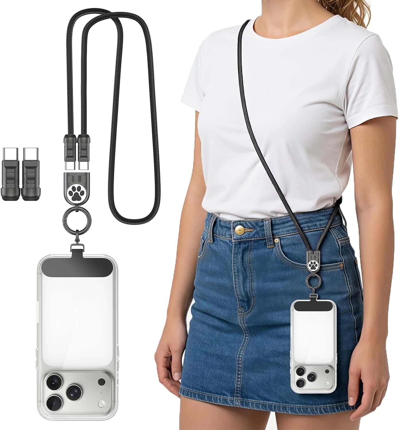 MoKo Phone Lanyard Crossbody Charging Cable, USB-C to USB-C Cable with 240W Fast Charging, 3.93FT Anti Theft Phone Strap for iPhone/Samsung/Android, Daily & Outdoor Activities, Cute Paw Print, Black