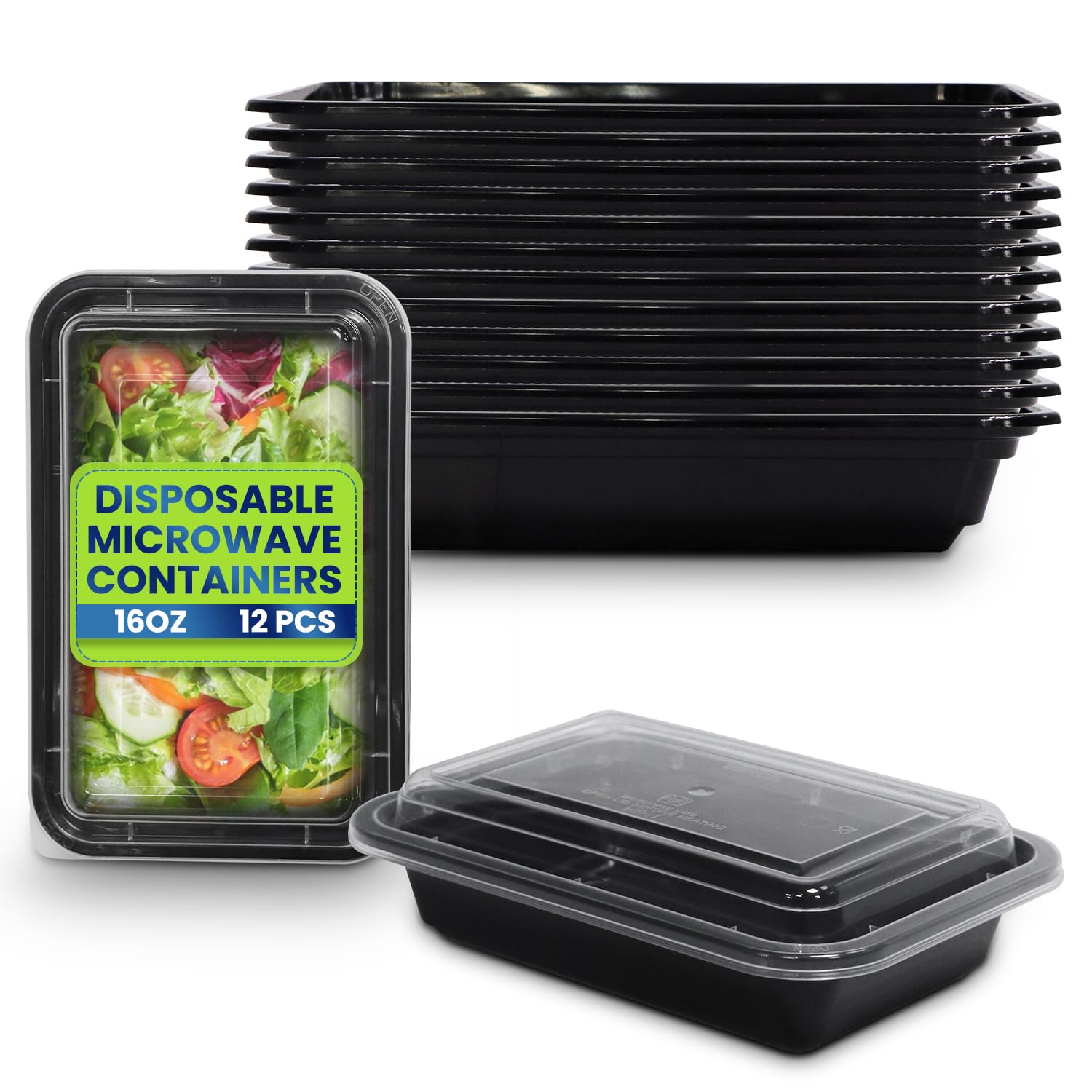 SNH Disposable Rectangle Microwave Container 16 Oz with Lid - 12 pieces.
