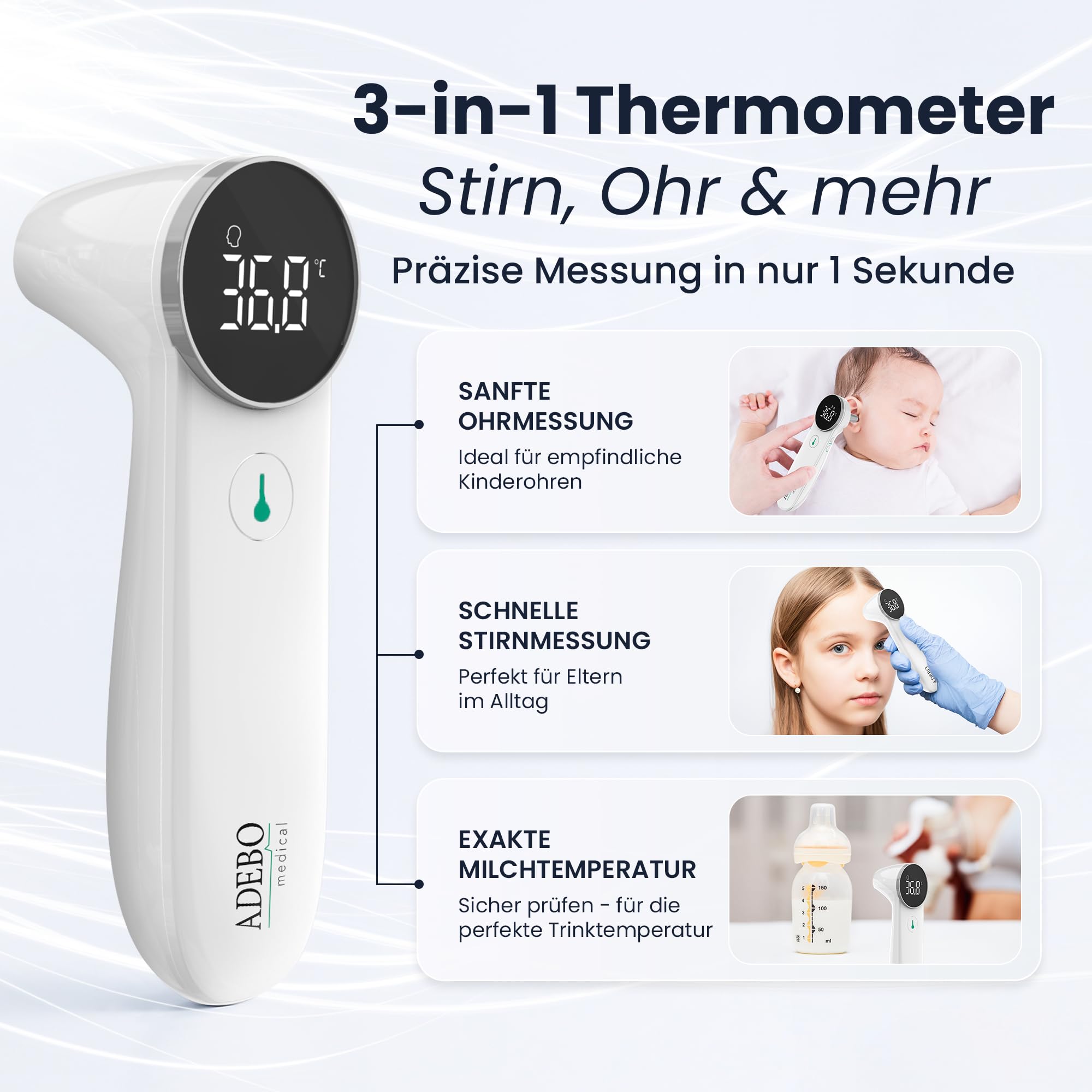 Fieberthermometer Stirn & Ohr | 3-in-1 Infrarot-Thermometer kontaktlos | Für Babys, Kinder & Erwachsene | Misst Körper-, Objekt- & Raumtemperatur | Digitales Thermometer mit LED & Alarm
