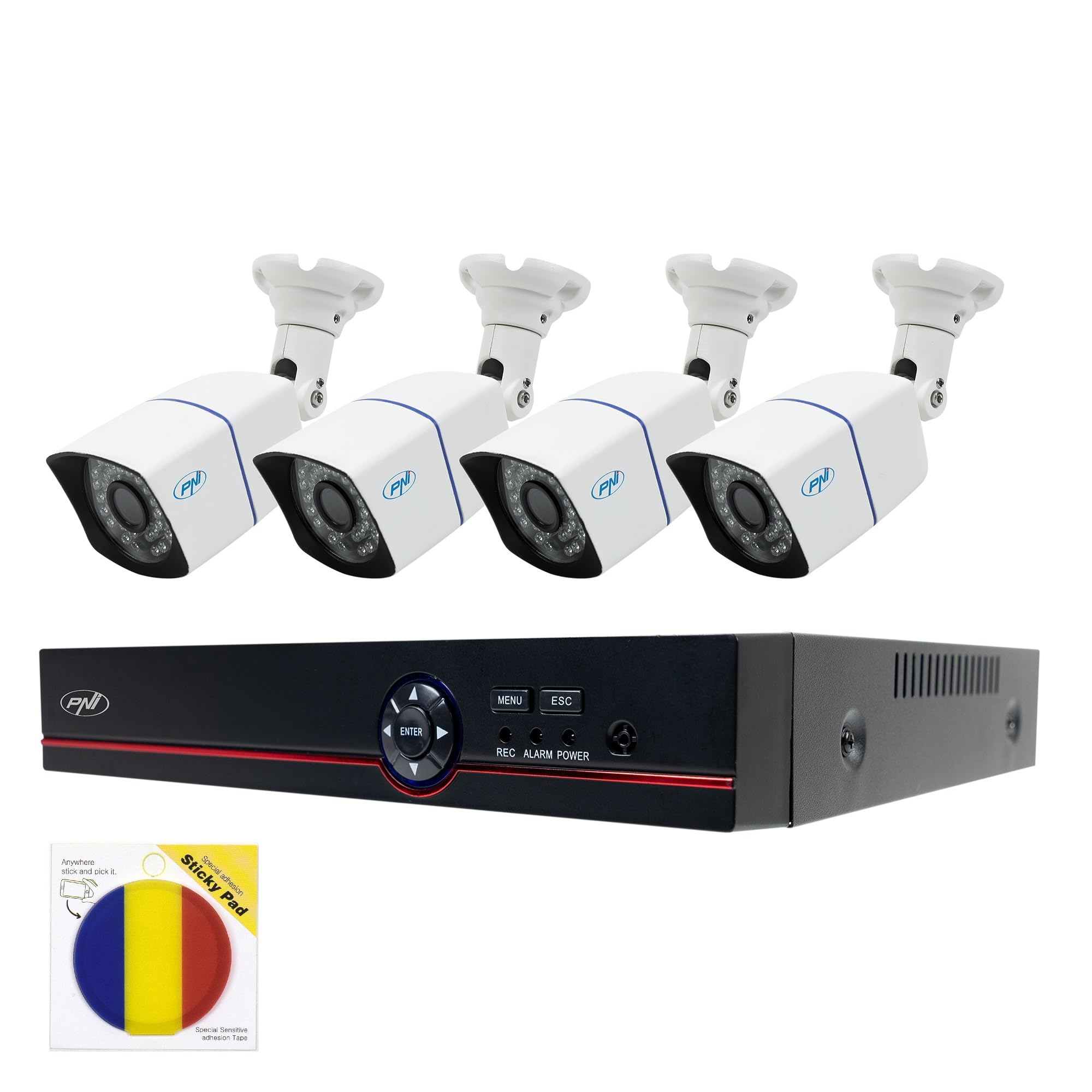 PNI House PTZ1500 AHD 5 MP system monitoringu wideo z rejestratorem, 4 kamerami i samoprzylepną flagą w zestawie.