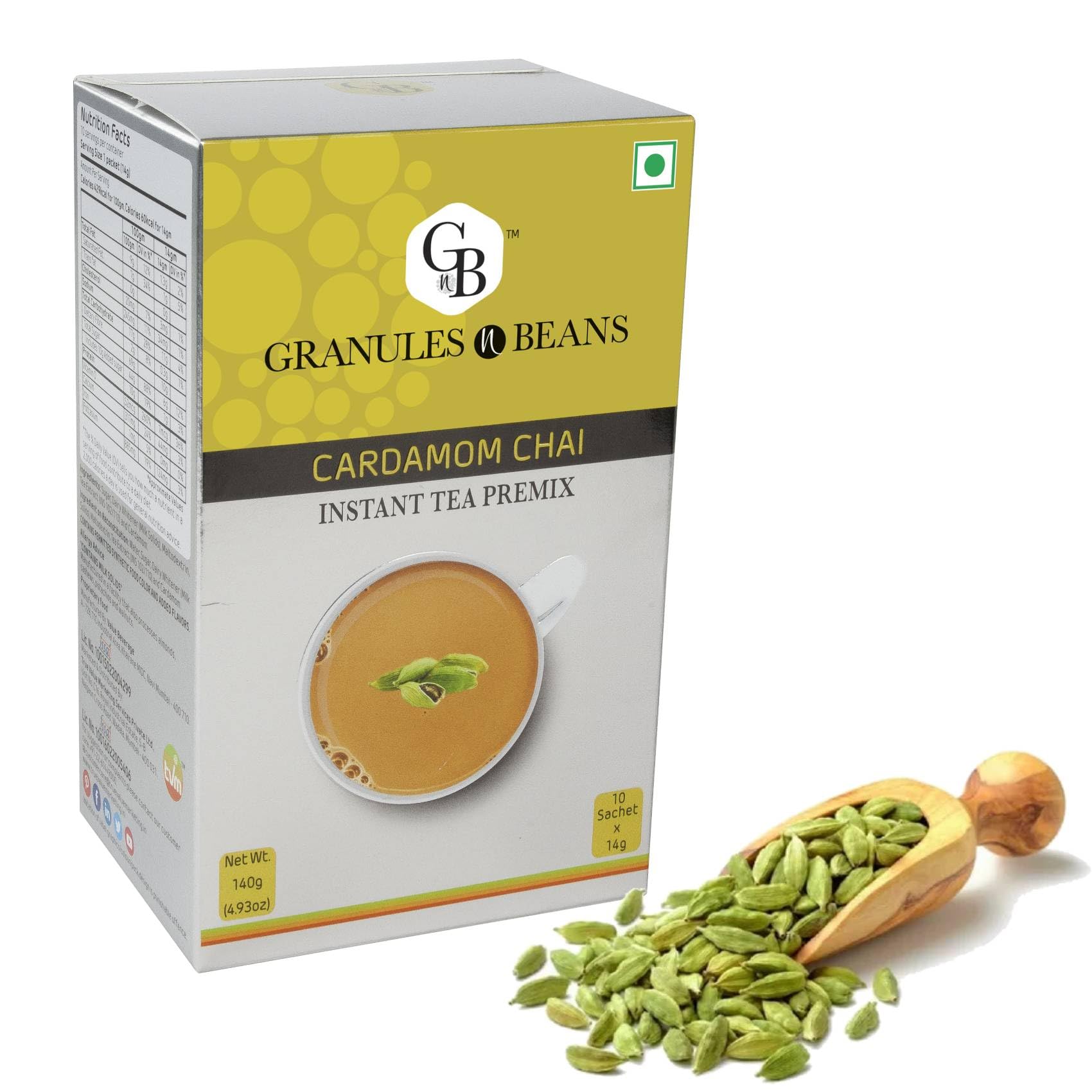 GnB Granules n Beans Cardamom Chai | Instant Tea Premix | Authentic Elaichi Chai | Easy to Prepare | Goodness of Cardamom | Relieves Indigestion & Bloating | 10 Sachets x 14g (140g Total)