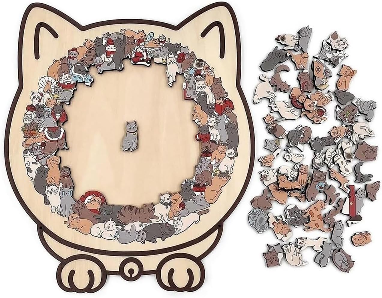 135-Piece Cat Shaped Wooden Jigsaw Puzzle,Morandi Colors with Acrylic Cover, Decorative Animal Design for Adults, Home Decor