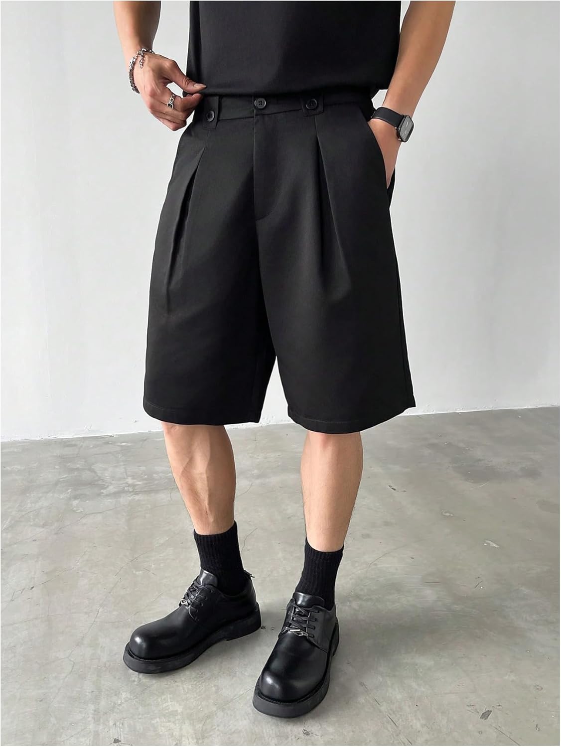 Men's Pleated Dress Shorts Zipper Fly Wide Leg Business Office Work Baggy Bermuda Shorts with Pockets - Image 4