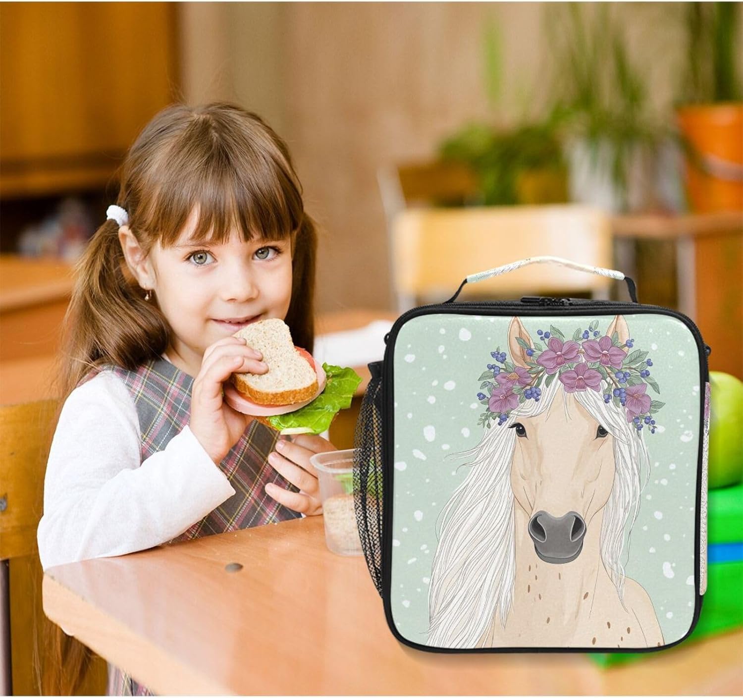 Pfrewn Cute Horse Lunch Box Unicorn Animals Flowers Fairytale Insulated Lunch Bag Reusable Cooler Meal Prep Bags Lunch Tote with Shoulder Strap for Office Adults School Kids Girls Teens