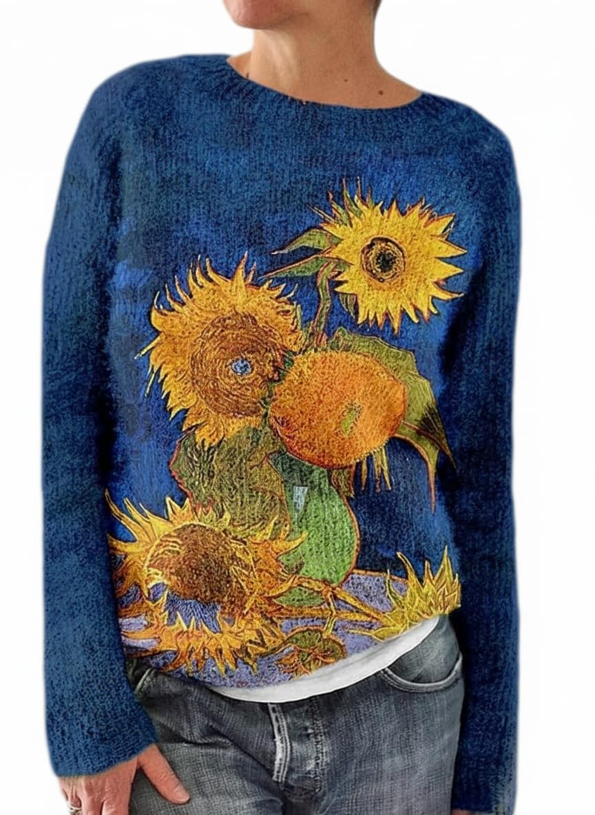 Womens Boho Floral Print Loose Knit Sweater Long Sleeve Crewneck Colorful Striped Knit Fall Pullover Top for Women