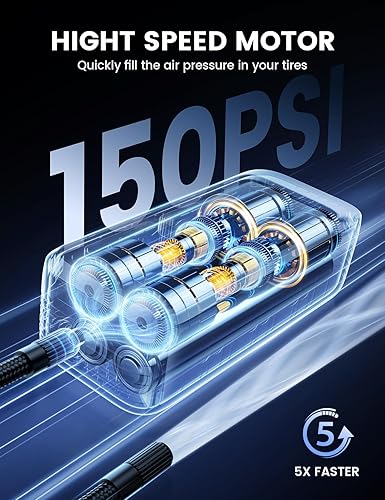 Miniatura 3 de Inflador de neumáticos de automóvil, compresor de aire portátil Lamicall 5 veces más rápido 150 PSI Bomba de aire con batería recargable