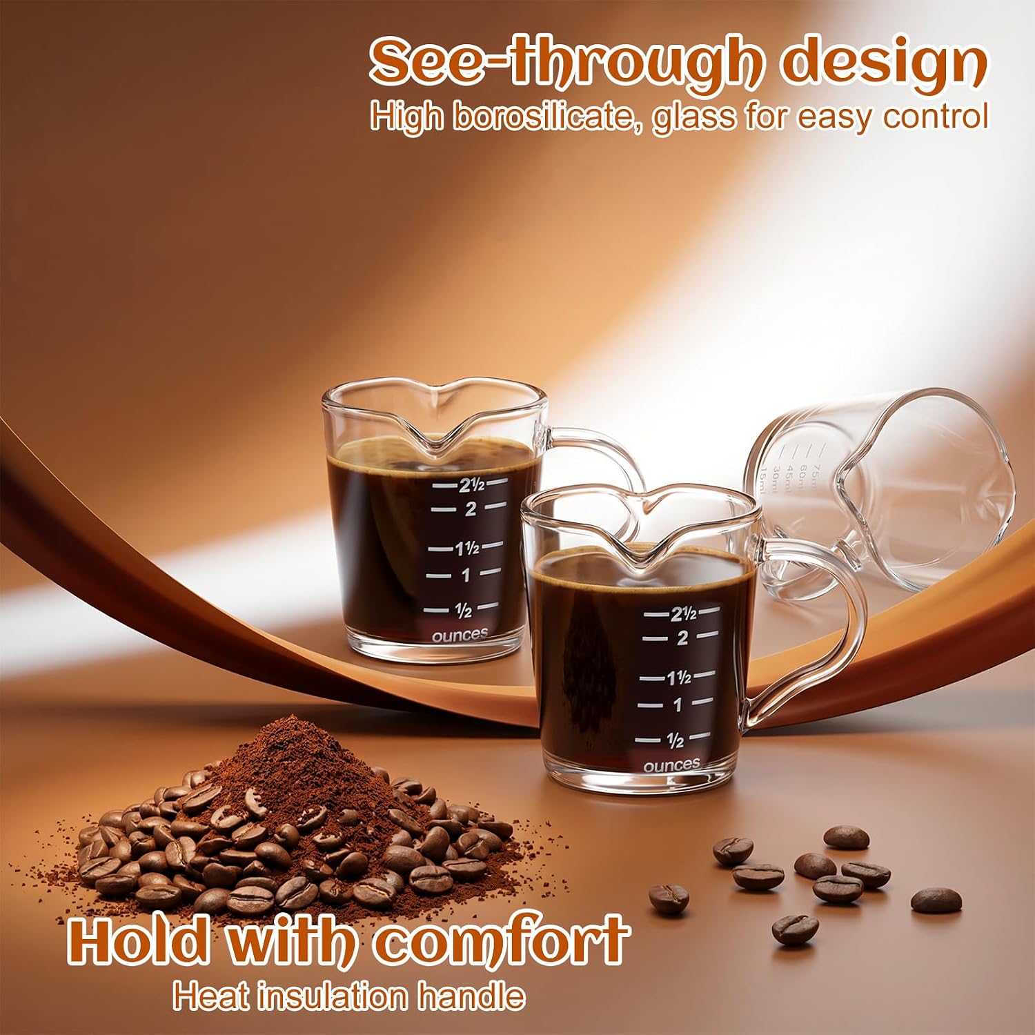 6 Pack Glass Double Spout Measuring Cup, Espresso Shot Glass with Handle, 2.5 Oz Clear Graduated Mini Milk Pitcher, Heat-Resistant Glasses Coffee Cups for Barista, Kitchen, Party