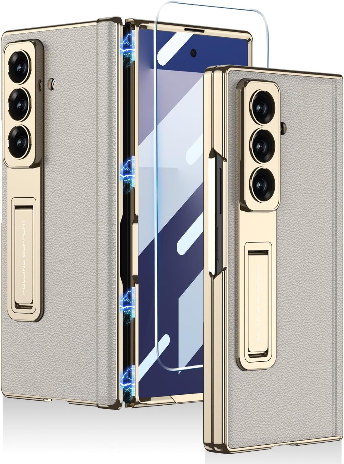 Leather Case for Samsung Galaxy Z Fold 7 with Kickstand,[Built-in Screen Protector and Magnetic Hinge Protection] Slim Luxury Plating Frame Shockproof Cover for Samsung Galaxy Z Fold 7(Gold+Black)