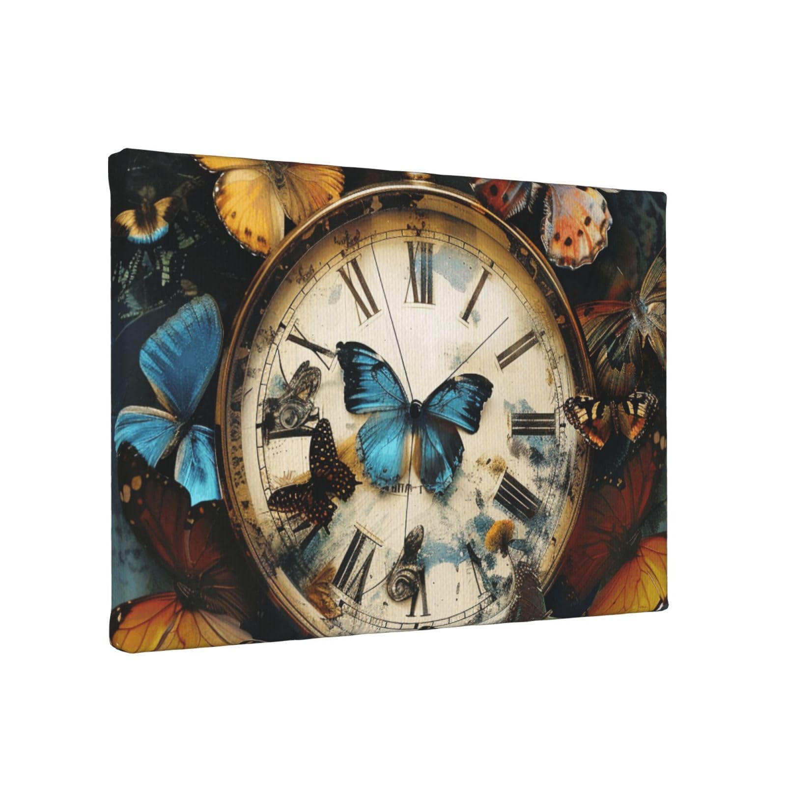 YKLJG Butterfly clocks Printed Wall Art Canvas Painting 30x20 CM Wooden Framed Picture Painting Artwork Prints for Bedroom Kitchen Home Office Decor