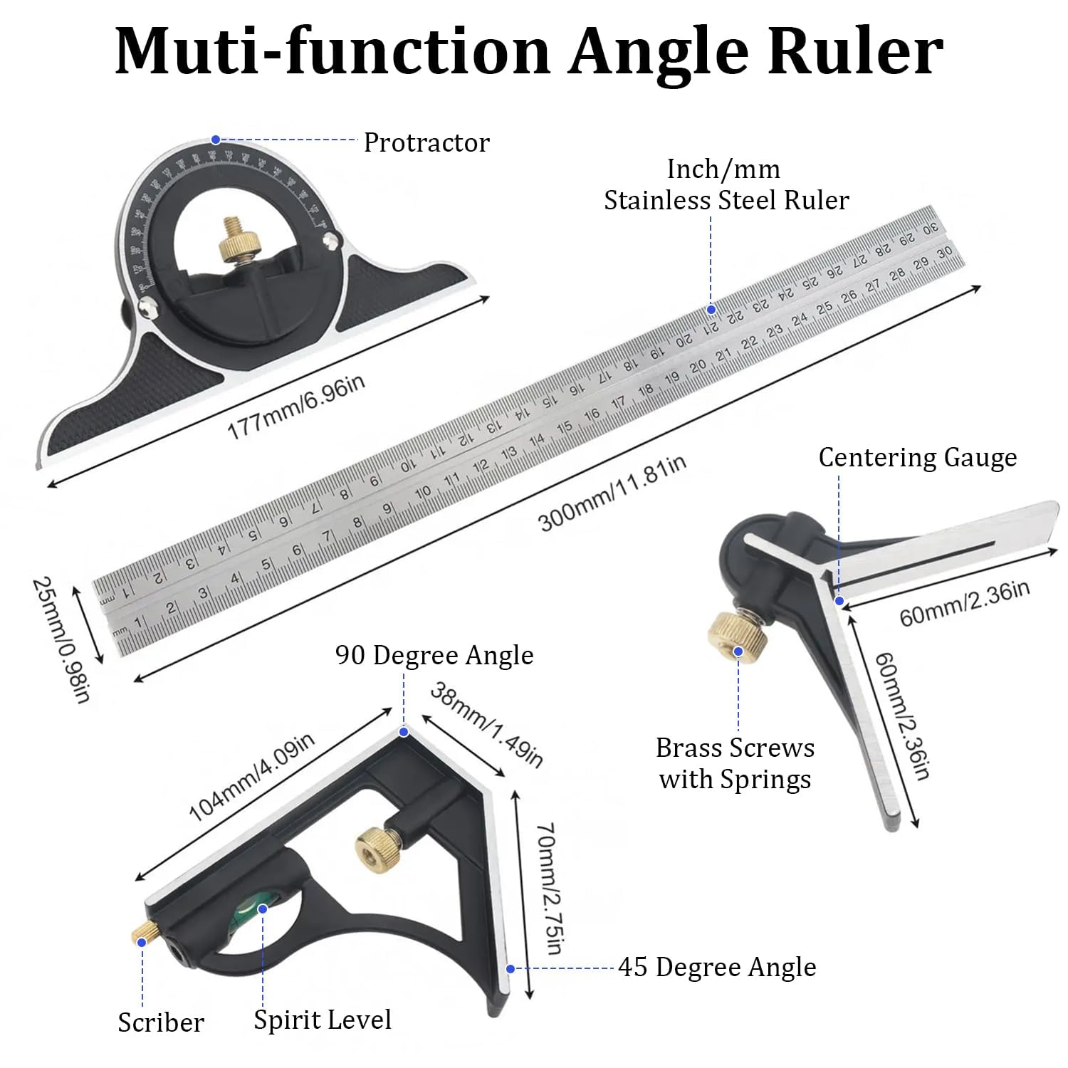 Combination Square Ruler Horizontal Square Multi-Function Carpentry Squares | 90 Degree Angle Rulers Protractor Level Measuring Set, Adjustable Sliding Woodworking Tools Inch/Metric(12"/30cm)