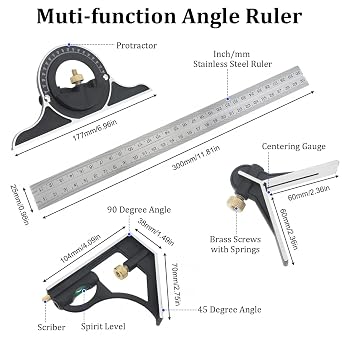 Adjustable Sliding Combination Square Ruler Horizontal Square Multi-Function Carpentry Squares Right 90 Degree Angle Rulers Protractor Level Measuring Set Woodworking Tools Inch/Metric(12/30cm)