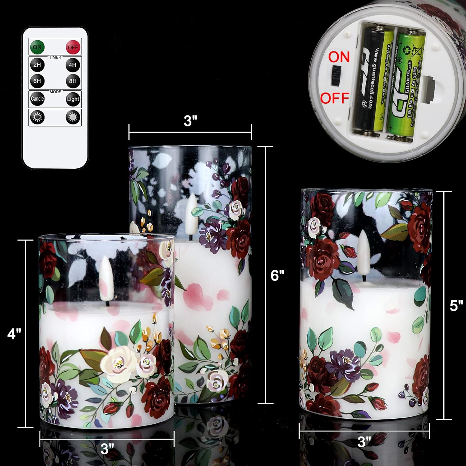 DRomance Battery Operated Glass Flameless Candles with Remote and Timer Real Wax 3D Wick Flickering Rose LED Pillar Candles Wedding Dinner Christmas Holiday Decor D3 x H4, 5", 6"