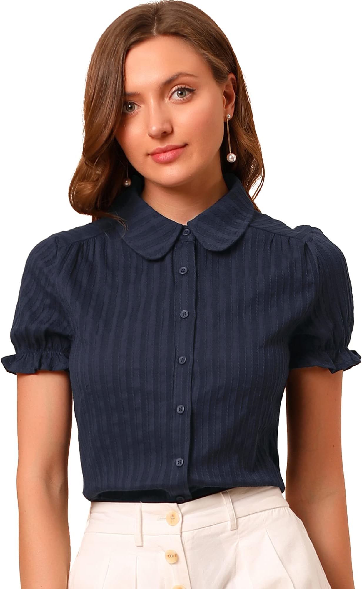 Allegra KWomen's Cotton Frilled Top Turndown Collar Solid Blouse Shirt