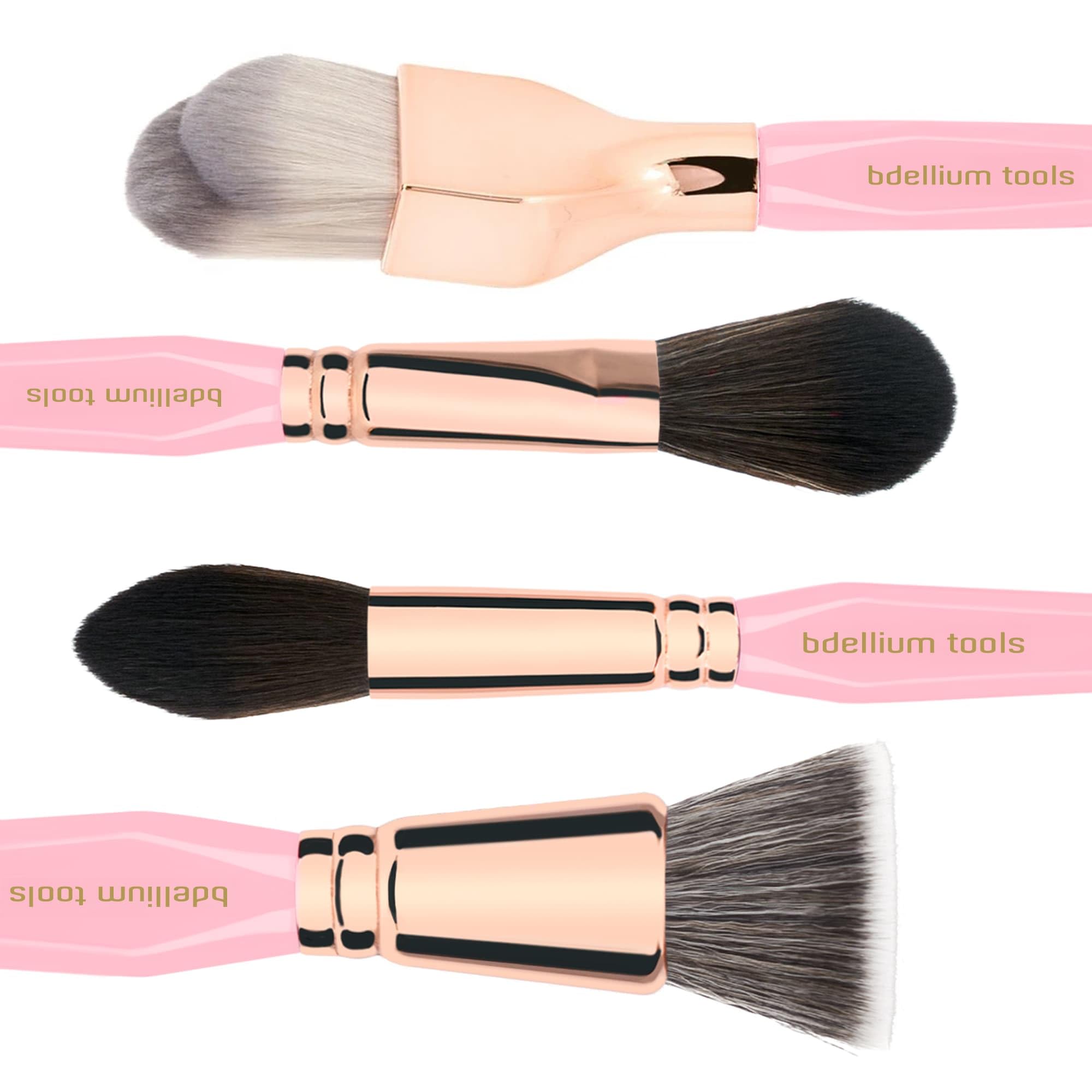 Bdellium Tools Set di pennelli per trucco viso triangolari rosa e oro, con morbide setole sintetiche e ghiera in ottone oro rosa per un aspetto impeccabile (rosa, 4 pezzi)