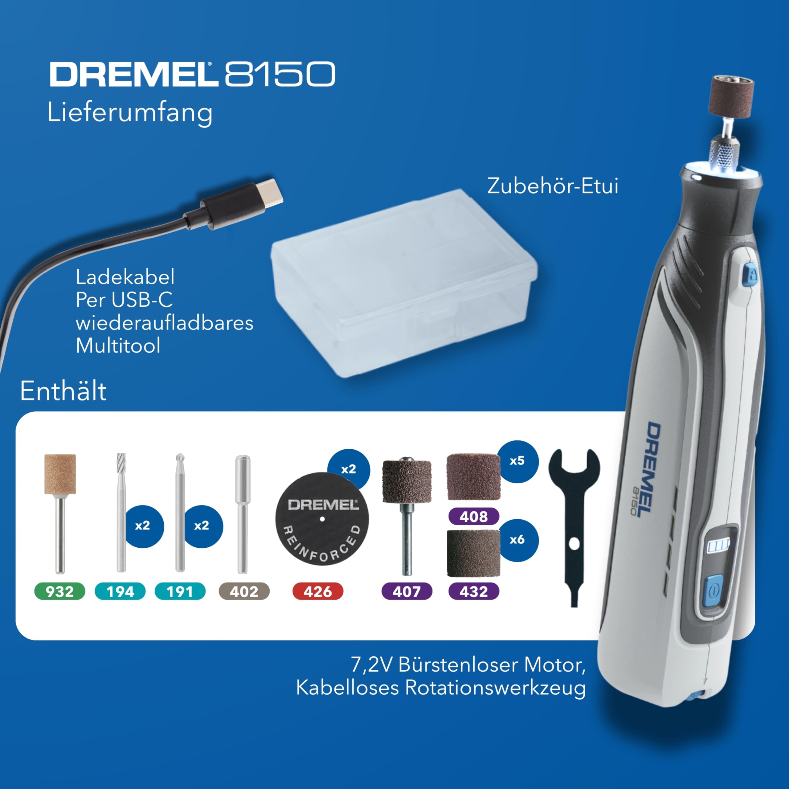 Dremel 8150 Bürstenloses Akku-Multitool-Set, 7,2V 2Ah per USB-C aufladbarer Akku, 20 Zubehöre, Variable Drehzahl von 5.000 bis 30.000 U/min, LED-Frontlicht, Schneiden, Schärfen, Schnitzen, Schleifen