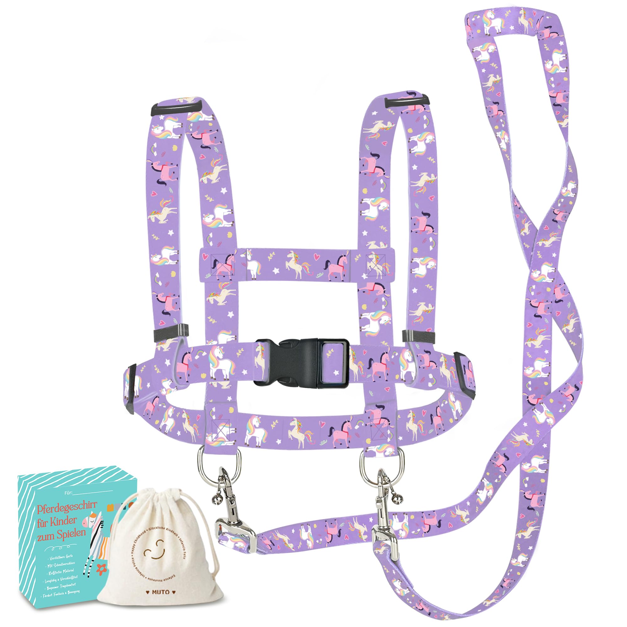 MutoToy® Pferdeleine zum Spielen für Kinder, Verstellbares Pferdegeschirr für Kinder, Pferde Spielleine für Jungen Mädchen Rollenspiel, Kinder Outdoor Spielzeug ab 3 Jahren (Lila)