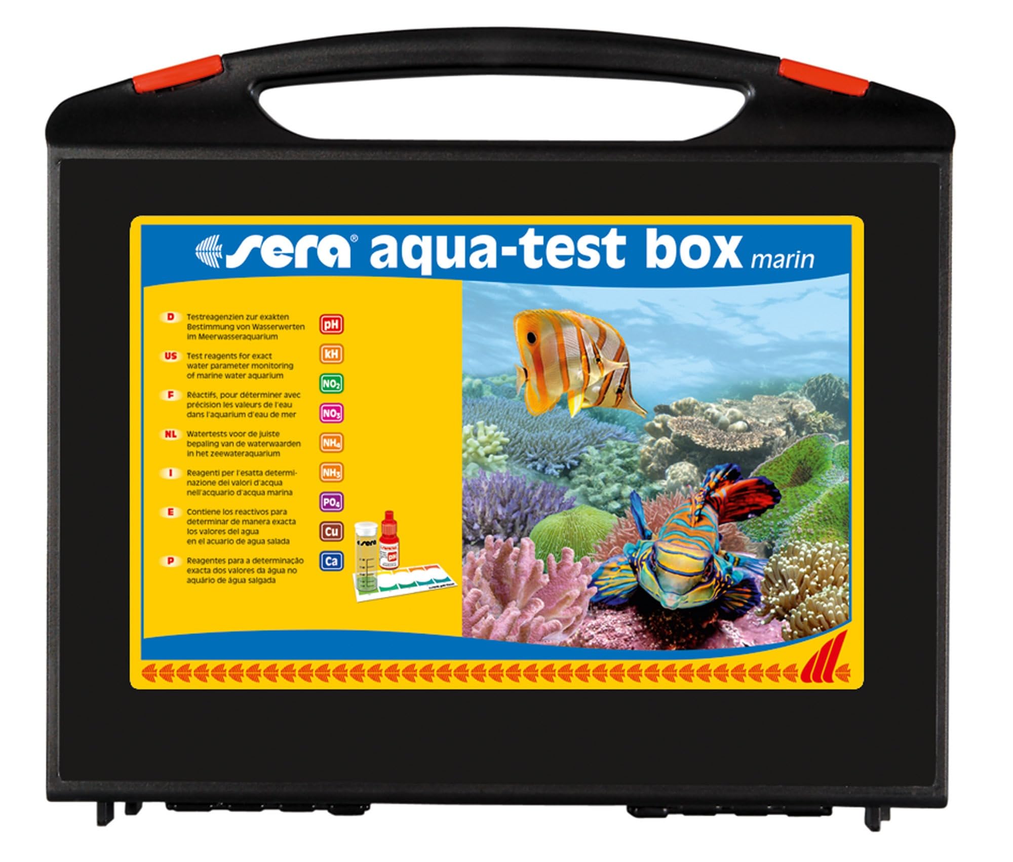 sera Aqua-Test Box marin (+Ca) | Professioneller Aquarium Testkoffer für Meerwasser inkl. Calcium & Kupfer | Aquarium Wassertest für pH, Nitrit, Nitrat, Phosphat & mehr | Wassertester Salzwasser