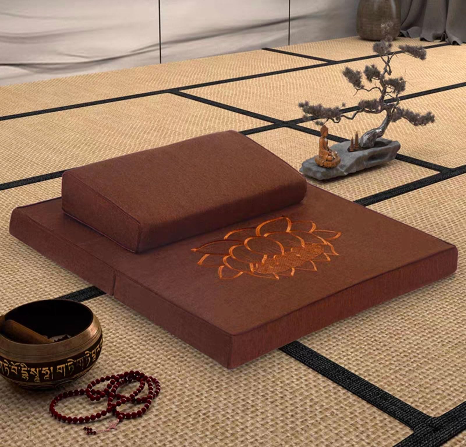 Grand Coussin De Méditation, Tapis De Méditation Carré à La Main, Coussin De Sol Pliable Portable(Size:31x31inch,Color:café)
