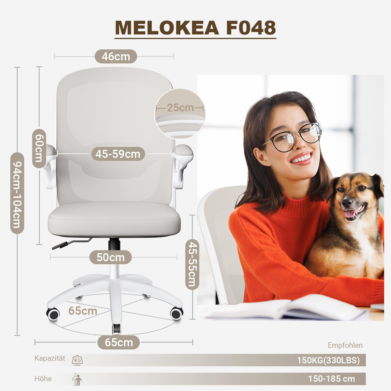 MELOKEA Schreibtischstuhl mit bionischer 4D-Lendenstütze und Klapparmlehnen | Bürostuhl Ergonomisch mit 100° hochklappbarer Armlehne, Office Chair Höhenverstellbar, Mesh Computerstuhl, Grau beige