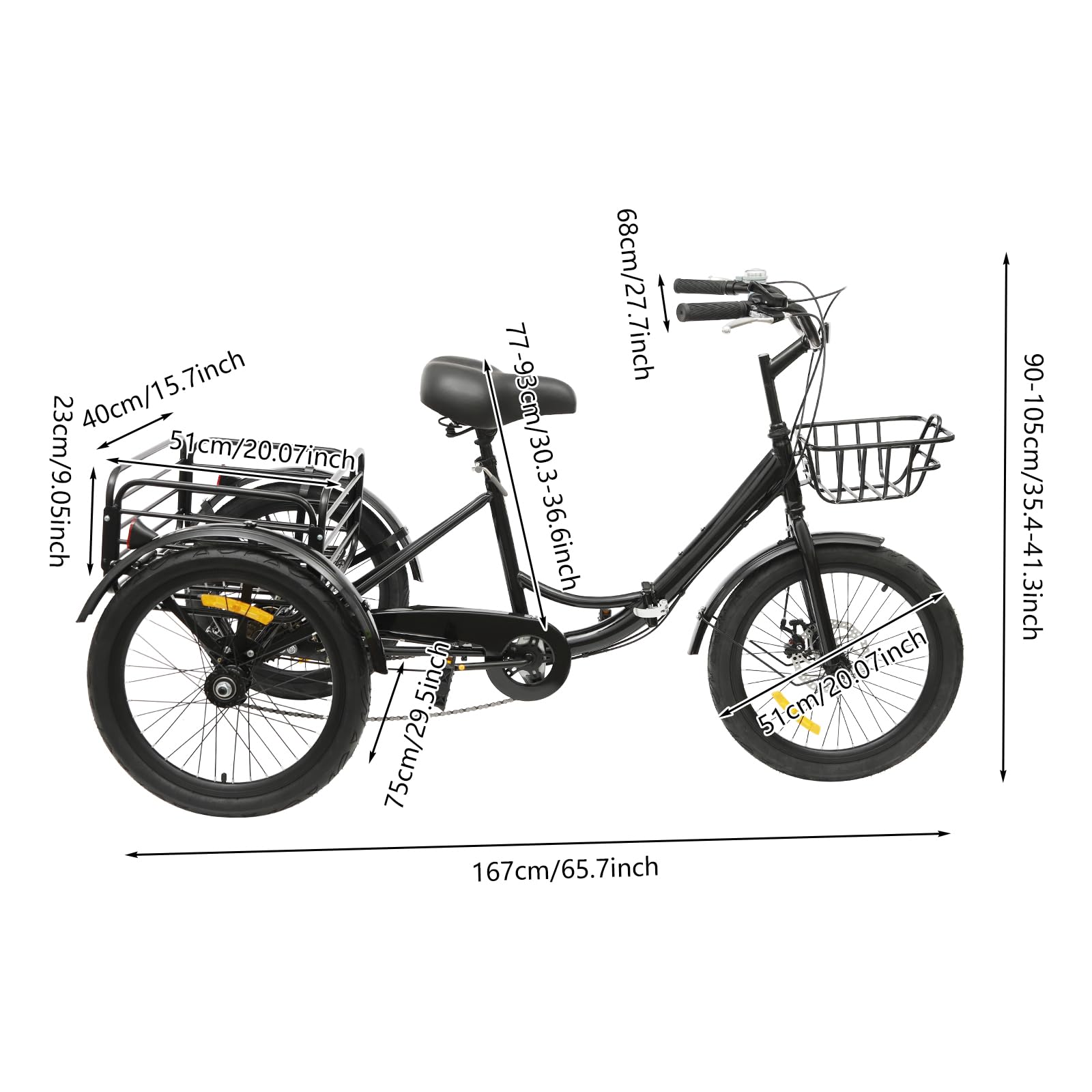 20 pollici Triciclo per adulti Biciclette a 3 Ruote con Cestino, 7 marce Tribike da Pieghevole Bicicletta Cargo per adulti, anziani e donne, altezza regolabile