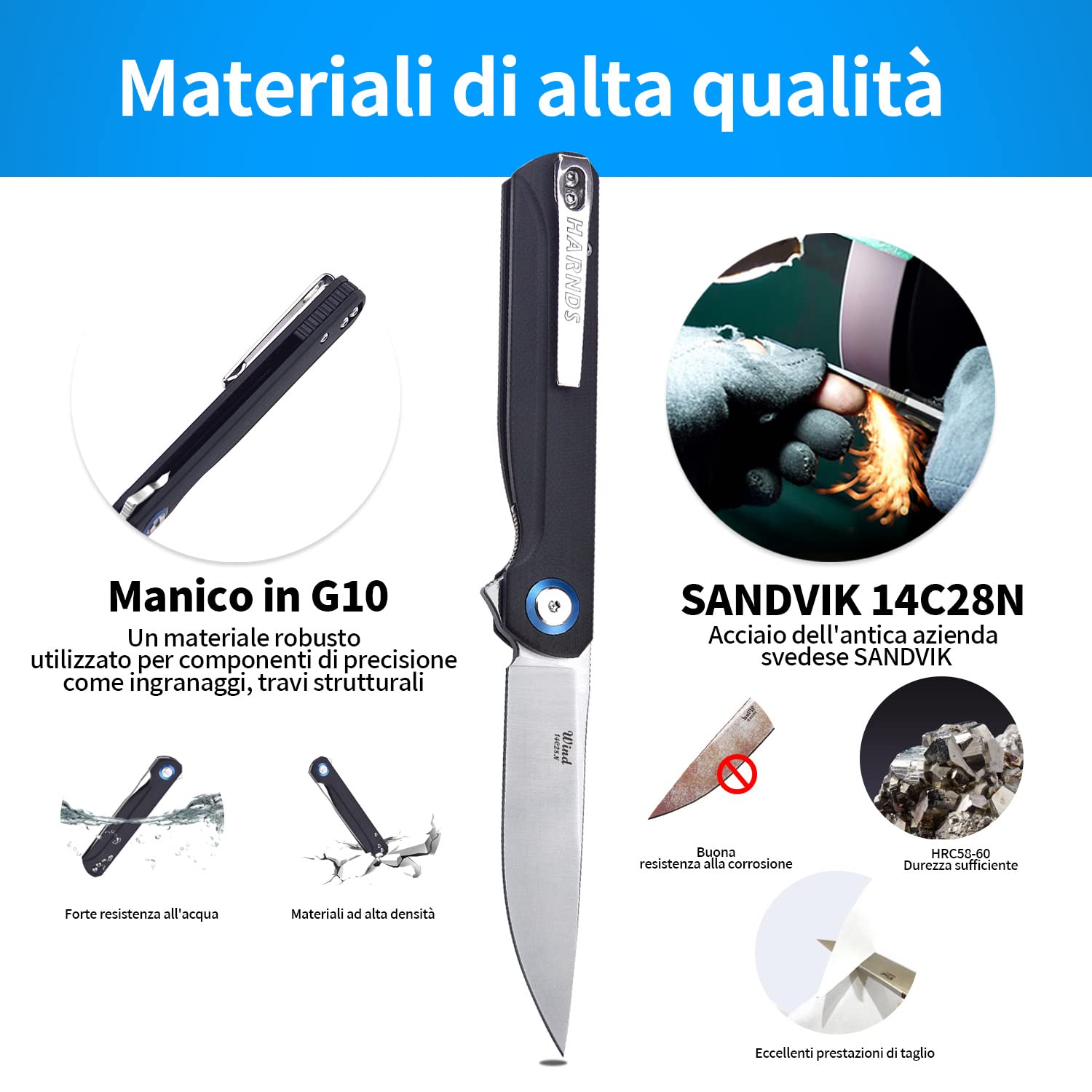 HARNDS Wind Coltello Pieghevole Tascabile Lama in Acciaio Sandvik con Manico G10, Coltello Serramanico Integrato Cuscinetto a Sfere per Caccia, Campeggio, Sopravvivenza(Nero)