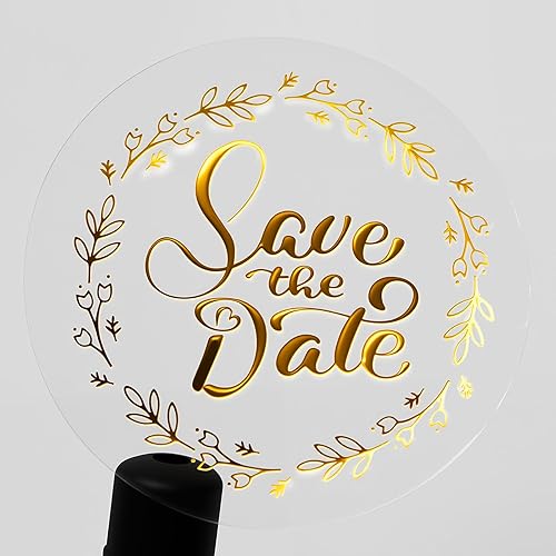 100 x Save the Date Metal Labels Real Gold Foil Embossed Transparent Stickers Shower Party Invitation Stickers Round Self Adhesive Vinyl Labels 1.6