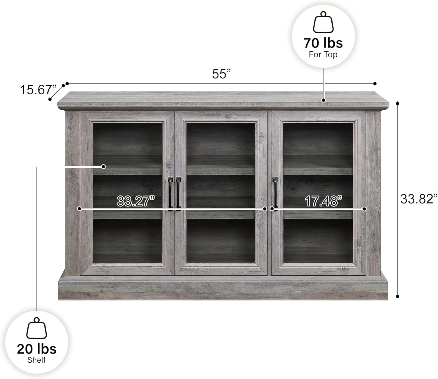 BELLEZE Sideboard Buffet Cabinet, 55” Entertainment Center Modern Wood Glass-Buffet-Sideboard with Storage Cabinet Console Table Adjustable Shelves for Dinning Room Living Room Hallway, Gray Wash