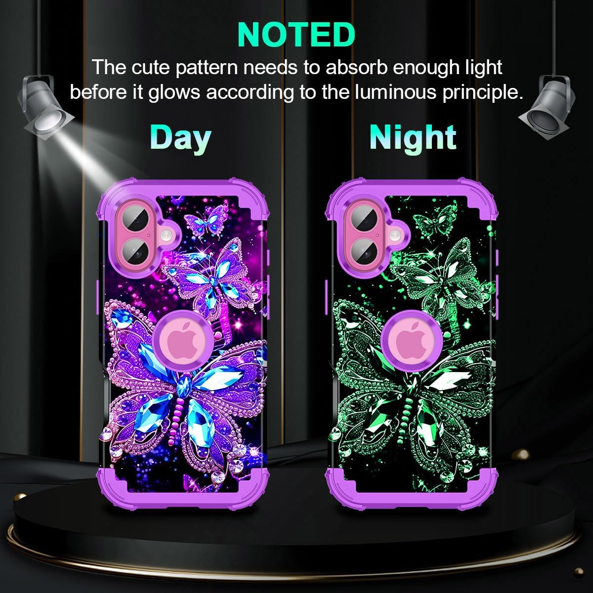 Miqala for iPhone 16 Plus Case,Glow in The Dark Three Layer Heavy Duty Shockproof Protection Hard Plastic Bumper+Soft Silicone Case for Apple iPhone 16 Plus,Dark Butterfly - Image 3