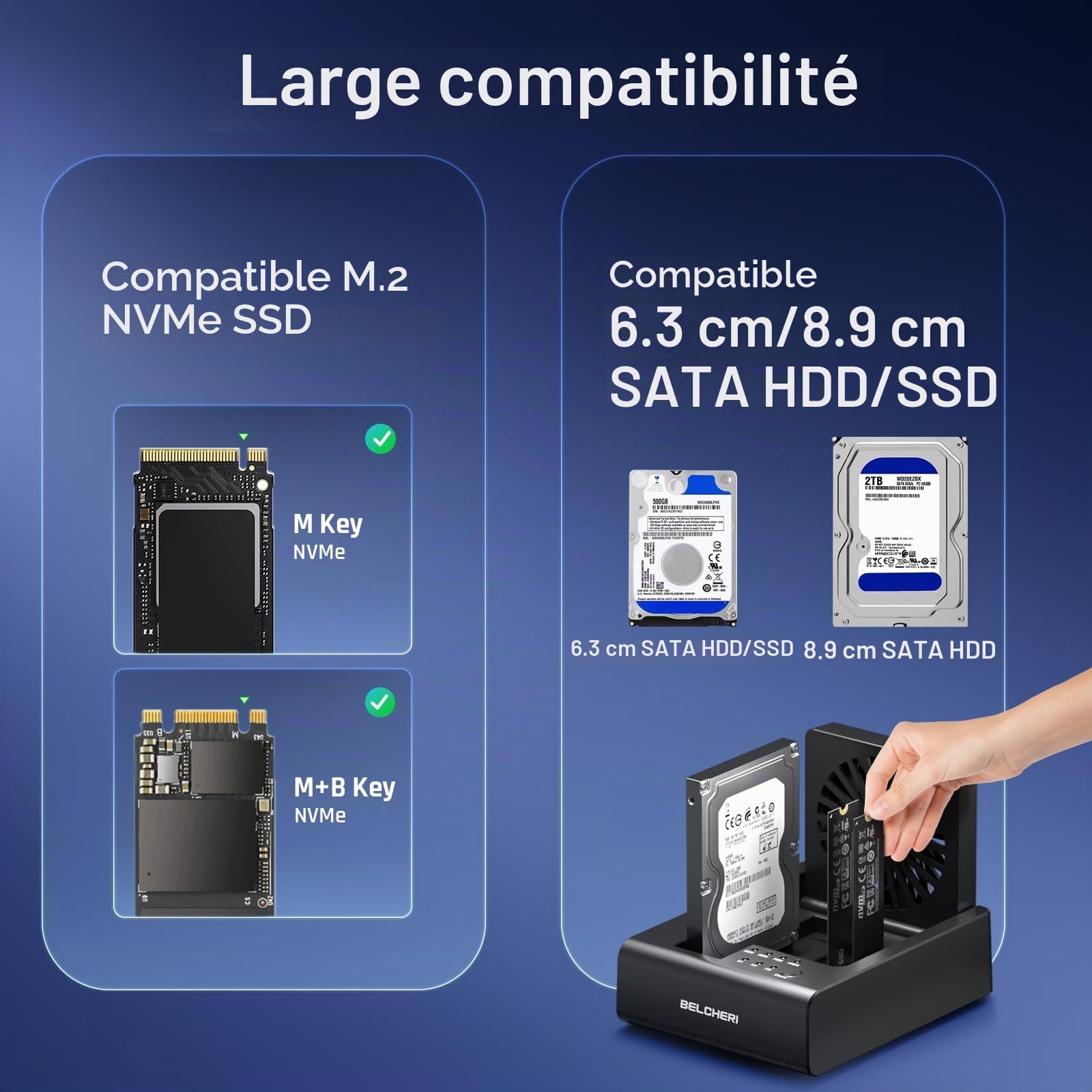 Station d'accueil de cloner 3 baies USB 3.2 Gen 2 10 Gbit/s pour M.2 NVMe SSD & SATA HDD 2,5"/3,5", HDD/M.2 NVMe SSD Cloner Station d'accueil avec ventilateur pliable
