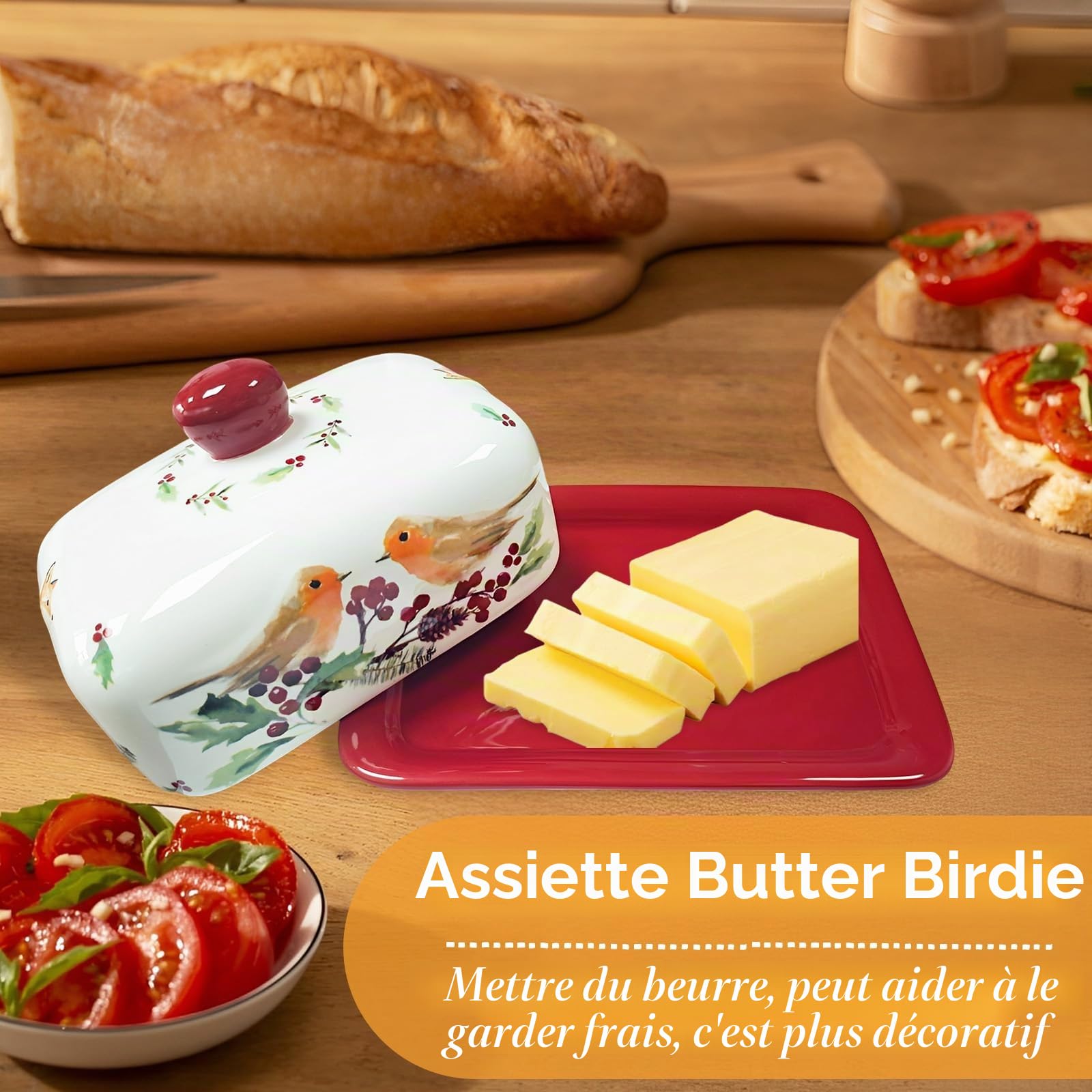 Beurrier en céramique - Porcelaine de qualité - Poignée rouge - Motif d'oiseau coloré - Paroi épaisse - Passe au lave-vaisselle (rouge, 3)