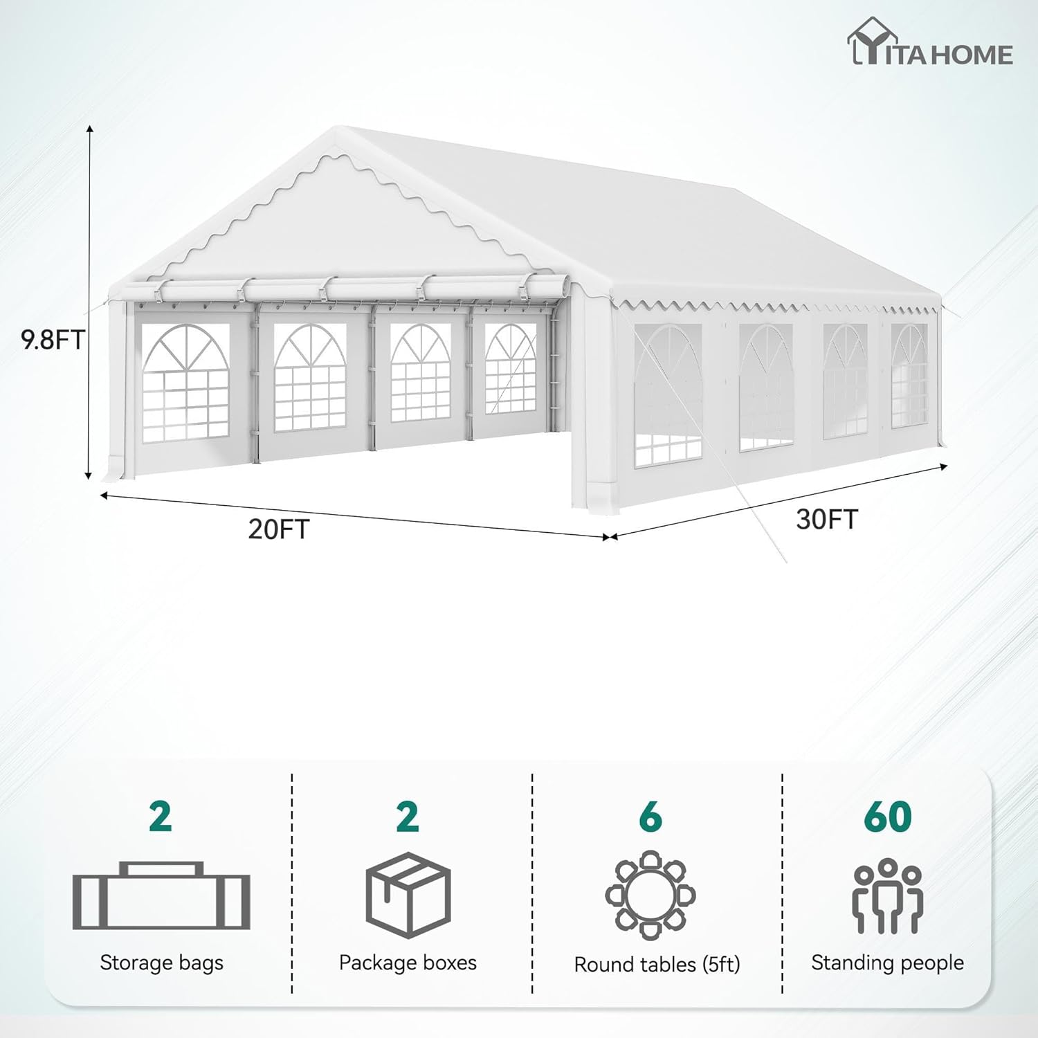 YITAHOME 20x30FT Party Tent Heavy Duty Wedding Event Shelters PVC Upgraded Galvanized Ripple Canopy with Large Roof Removable Sidewalls & 2 Storage Bags 600D Oxford Commercial, White