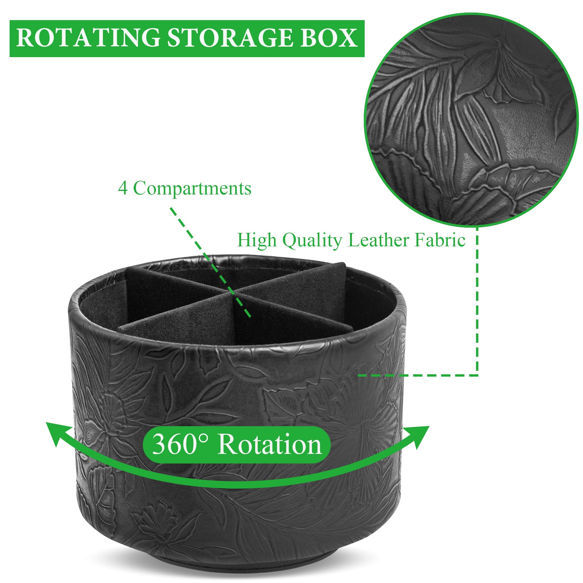 Czzmy Round Leather Art Supply Organizer,Remote Control Holder,360 Degree Spinning,Multi-Functional Pencil Holder,4 Compartments Desktop Stationary Organizer(1-Carved Black) - Image 3